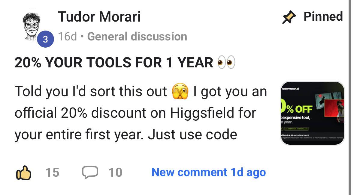 Pinned community post: official 20% discount on Higgsfield for your entire first year